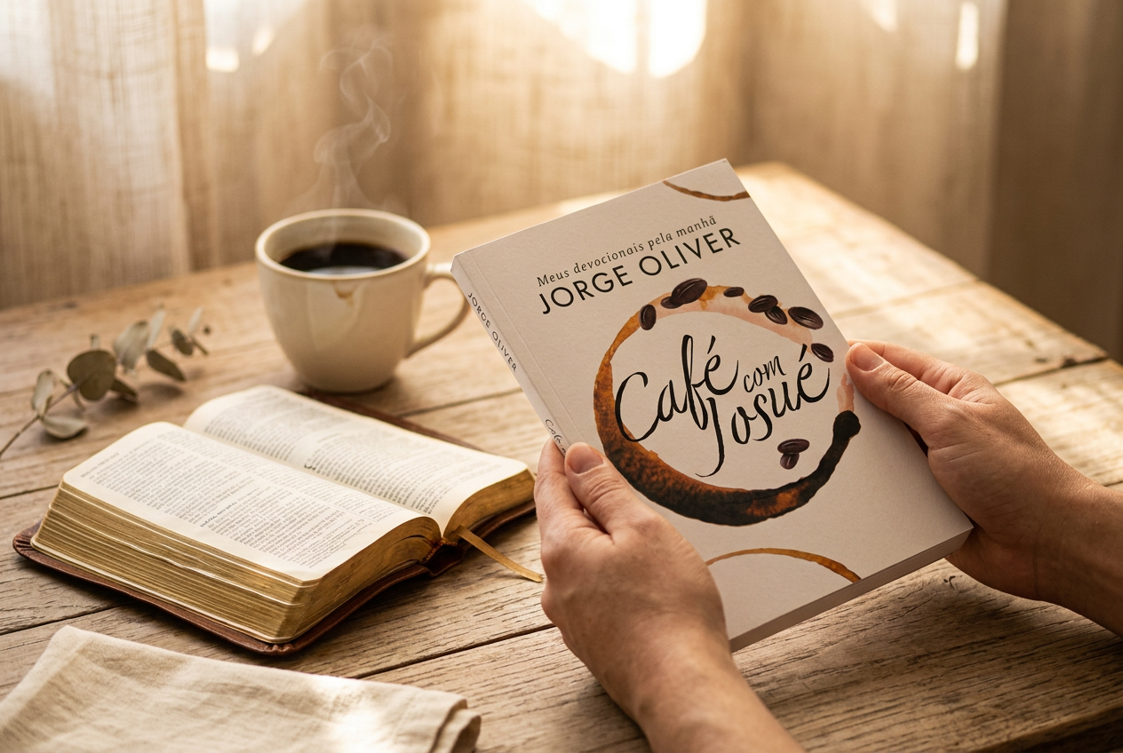 Mãos segurando uma Bíblia ao lado de uma xícara de café