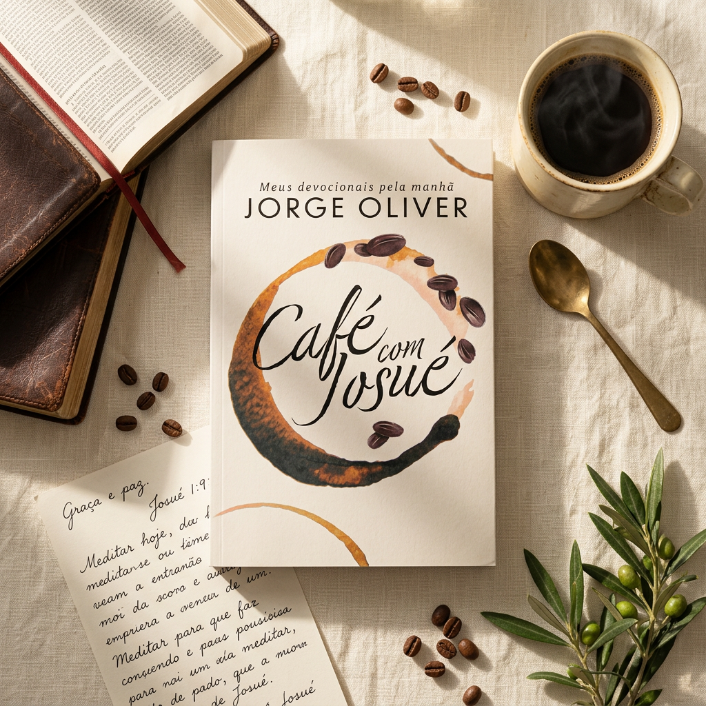 Livro Café com Josué nas mãos com café e Bíblia ao lado